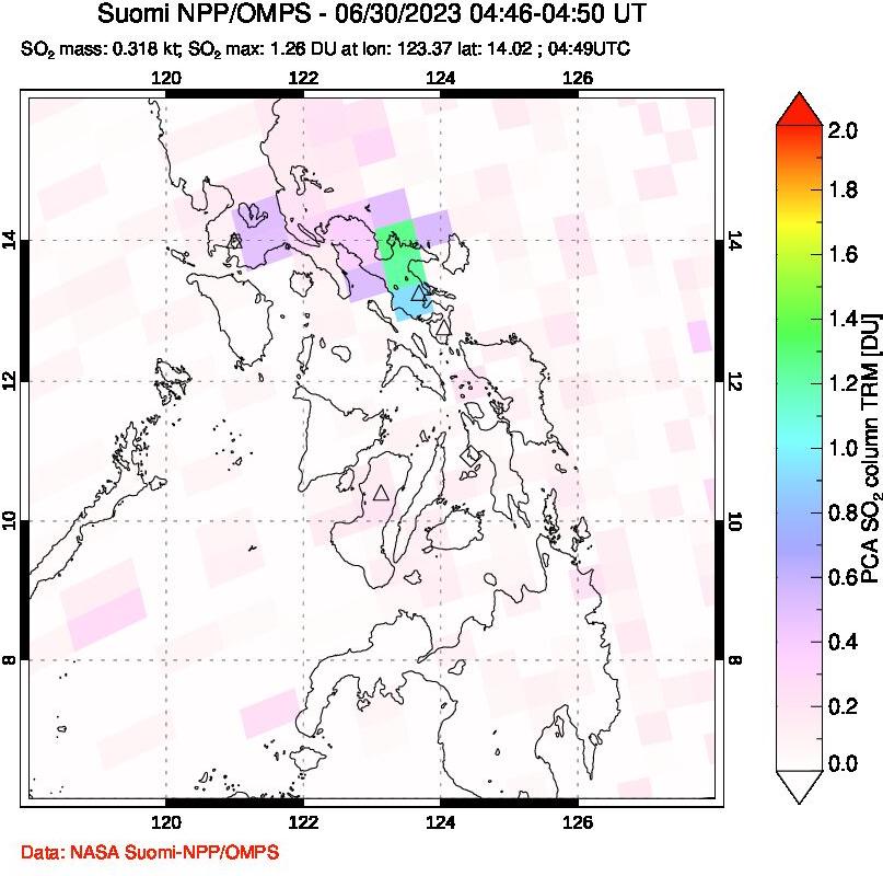 A sulfur dioxide image over Philippines on Jun 30, 2023.
