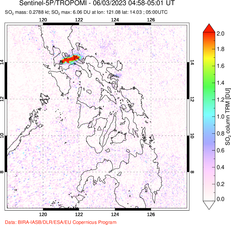 A sulfur dioxide image over Philippines on Jun 03, 2023.