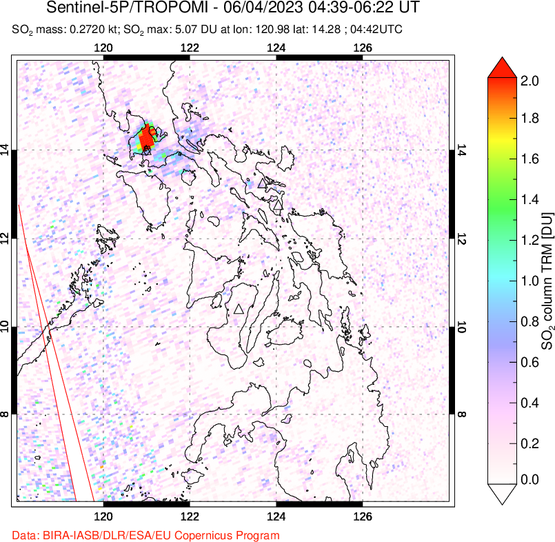 A sulfur dioxide image over Philippines on Jun 04, 2023.