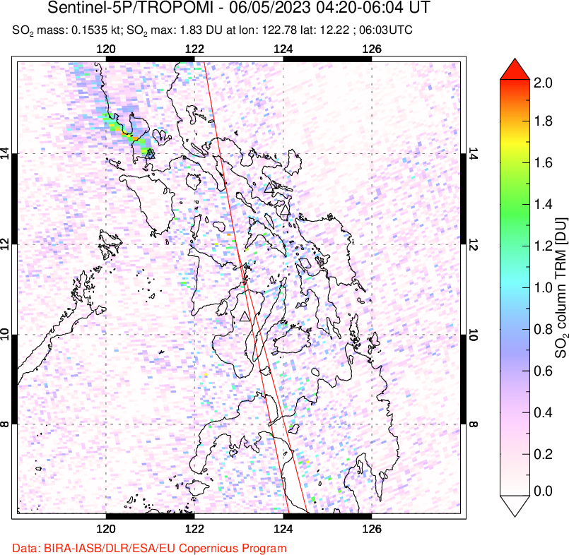 A sulfur dioxide image over Philippines on Jun 05, 2023.