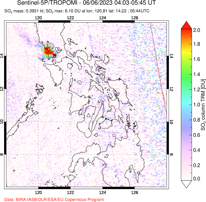 A sulfur dioxide image over Philippines on Jun 06, 2023.