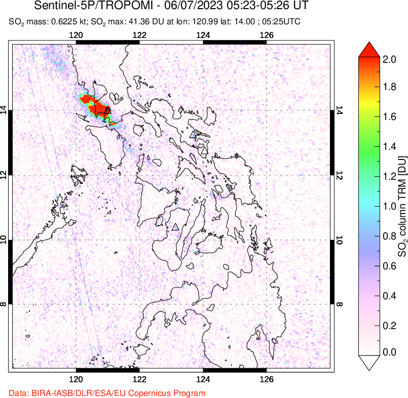 A sulfur dioxide image over Philippines on Jun 07, 2023.