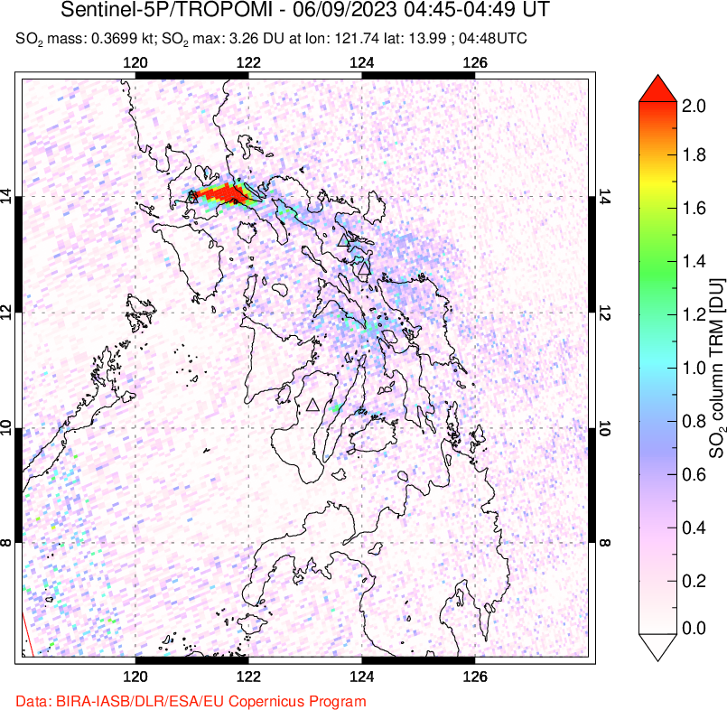 A sulfur dioxide image over Philippines on Jun 09, 2023.