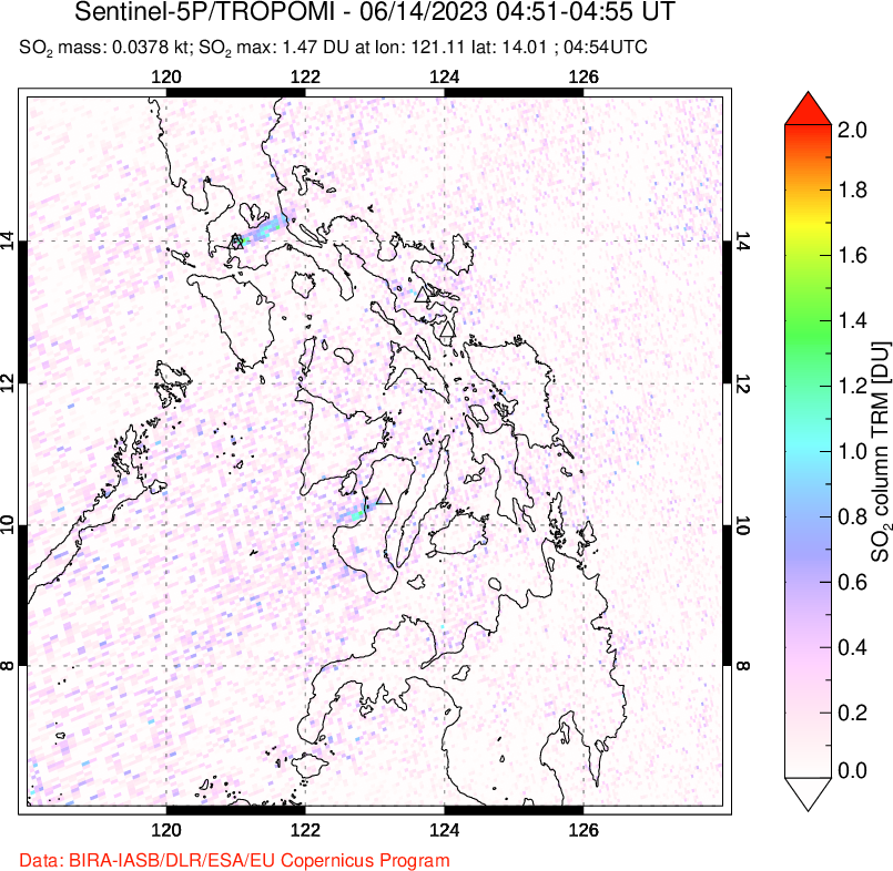 A sulfur dioxide image over Philippines on Jun 14, 2023.