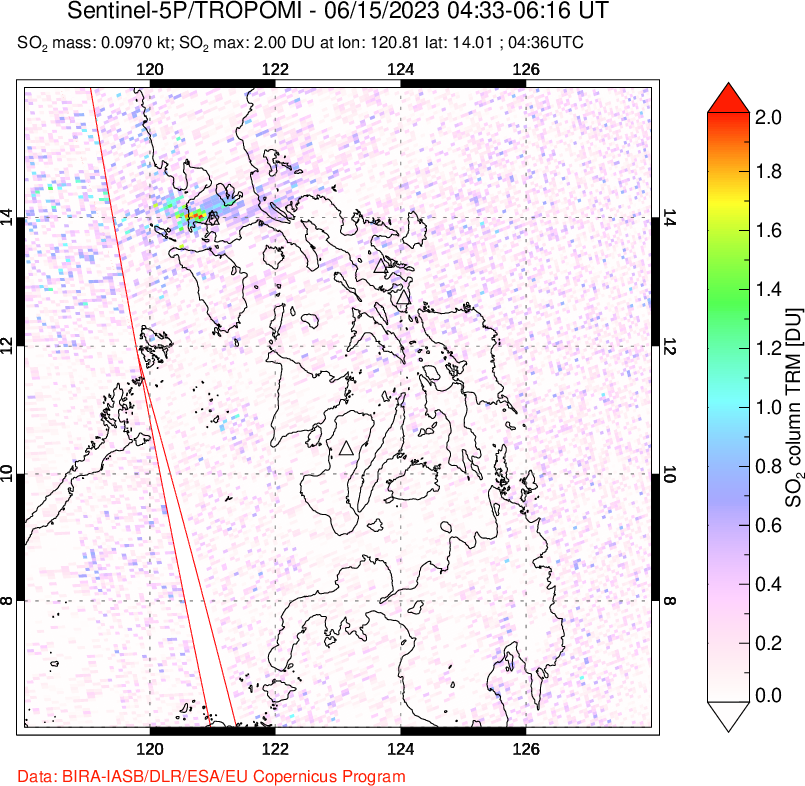 A sulfur dioxide image over Philippines on Jun 15, 2023.
