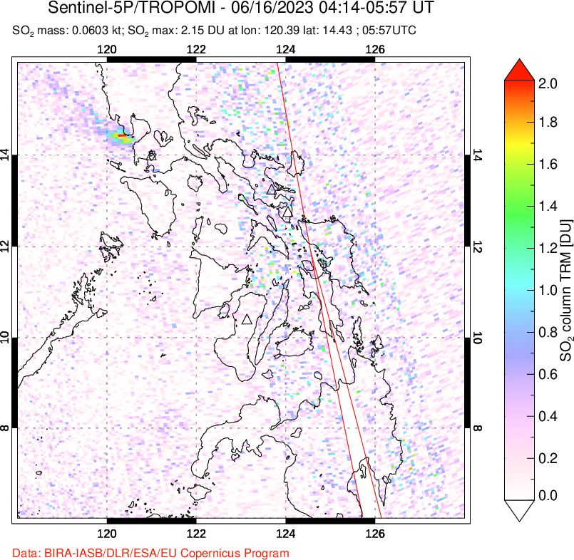 A sulfur dioxide image over Philippines on Jun 16, 2023.