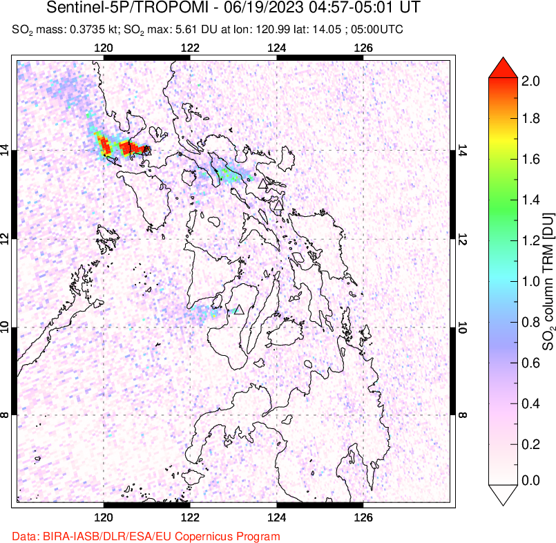 A sulfur dioxide image over Philippines on Jun 19, 2023.