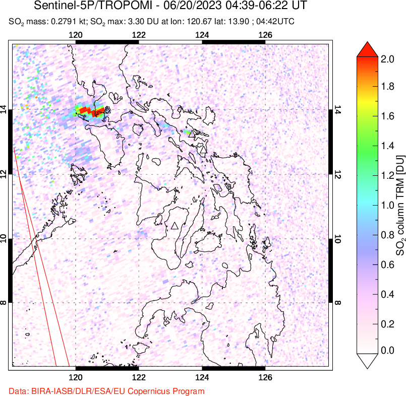 A sulfur dioxide image over Philippines on Jun 20, 2023.