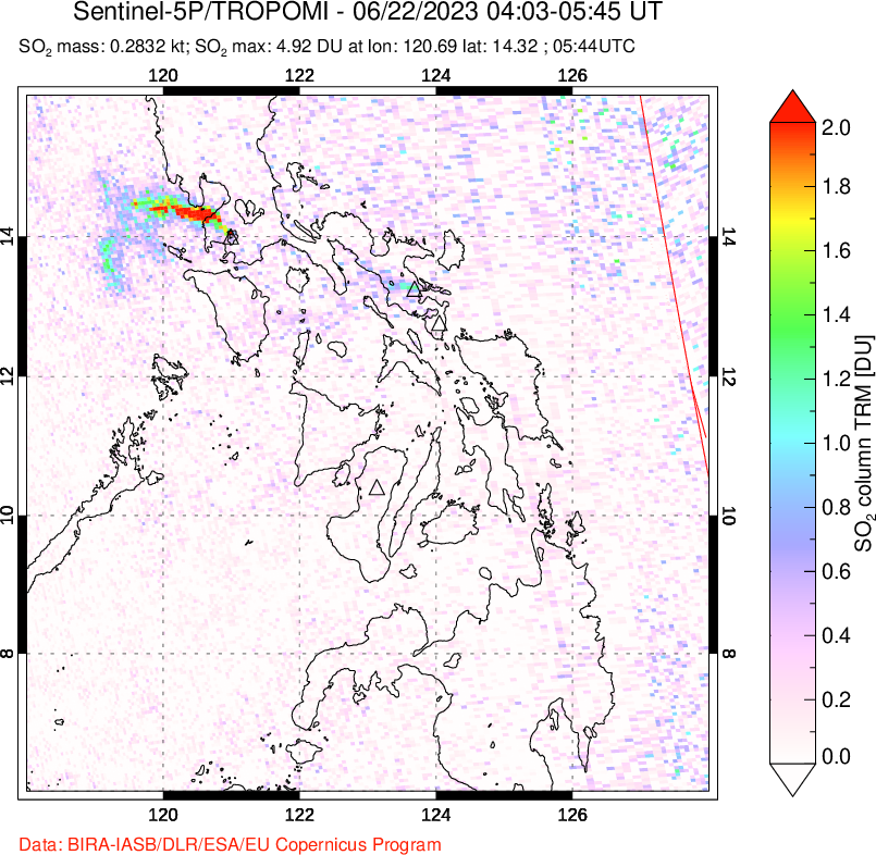 A sulfur dioxide image over Philippines on Jun 22, 2023.