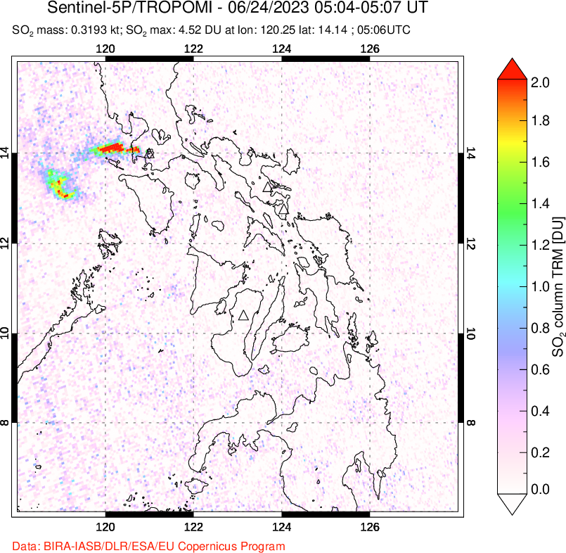 A sulfur dioxide image over Philippines on Jun 24, 2023.