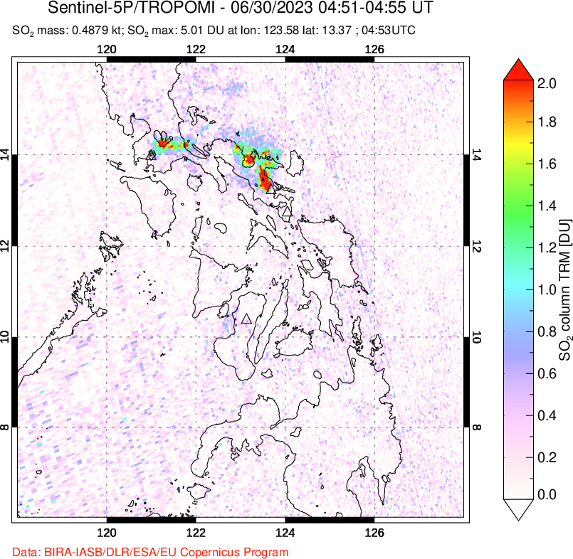 A sulfur dioxide image over Philippines on Jun 30, 2023.