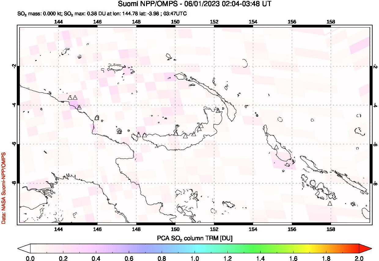 A sulfur dioxide image over Papua, New Guinea on Jun 01, 2023.
