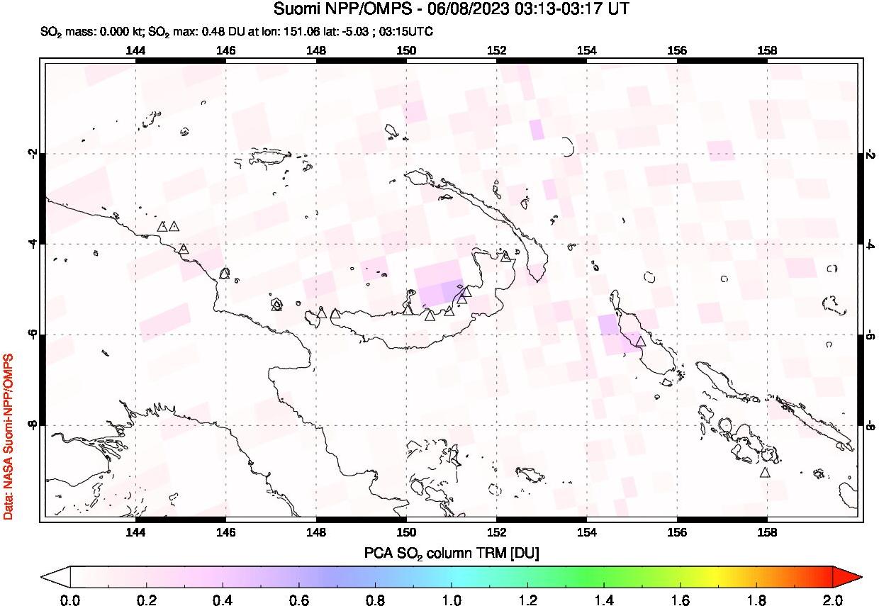 A sulfur dioxide image over Papua, New Guinea on Jun 08, 2023.