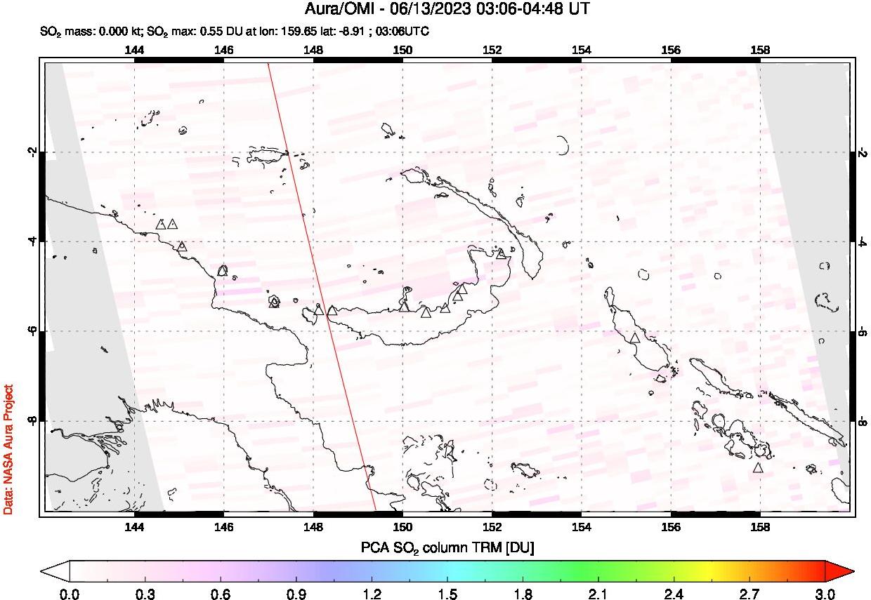 A sulfur dioxide image over Papua, New Guinea on Jun 13, 2023.