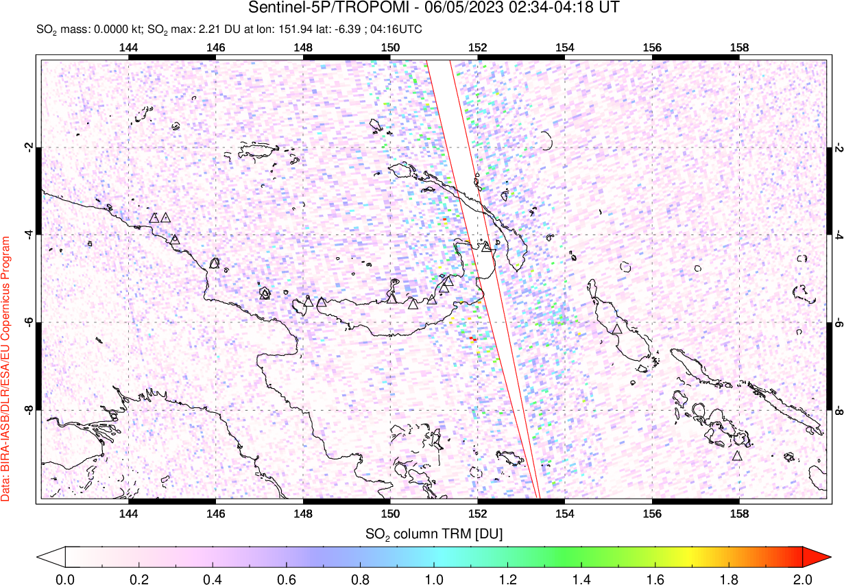 A sulfur dioxide image over Papua, New Guinea on Jun 05, 2023.