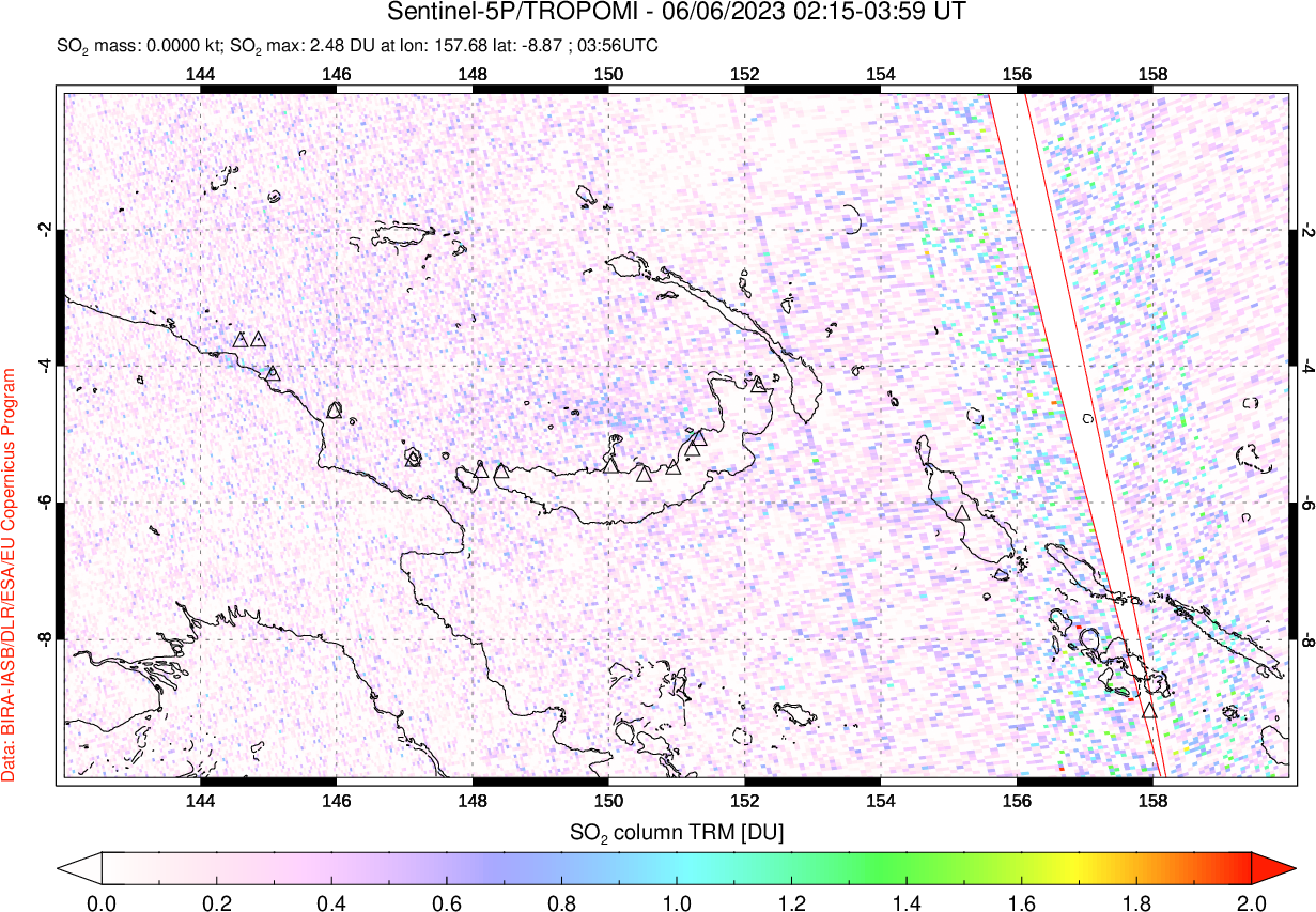 A sulfur dioxide image over Papua, New Guinea on Jun 06, 2023.