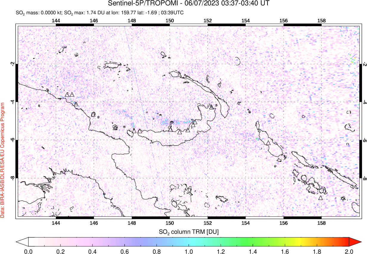 A sulfur dioxide image over Papua, New Guinea on Jun 07, 2023.
