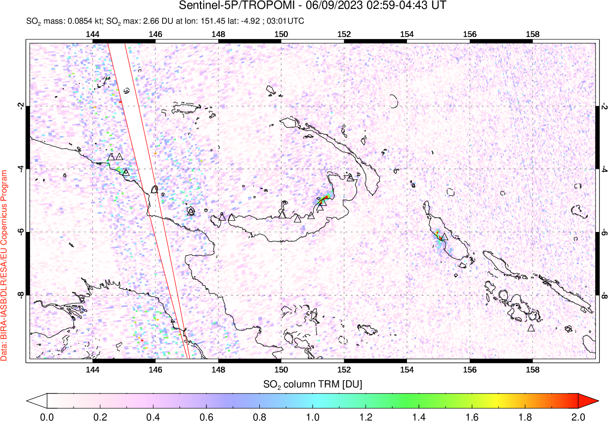 A sulfur dioxide image over Papua, New Guinea on Jun 09, 2023.