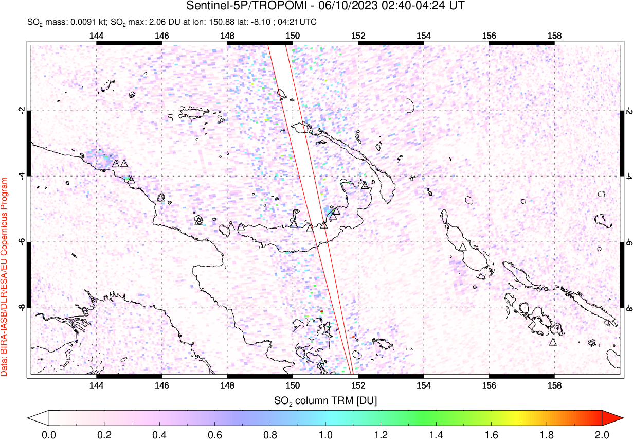 A sulfur dioxide image over Papua, New Guinea on Jun 10, 2023.