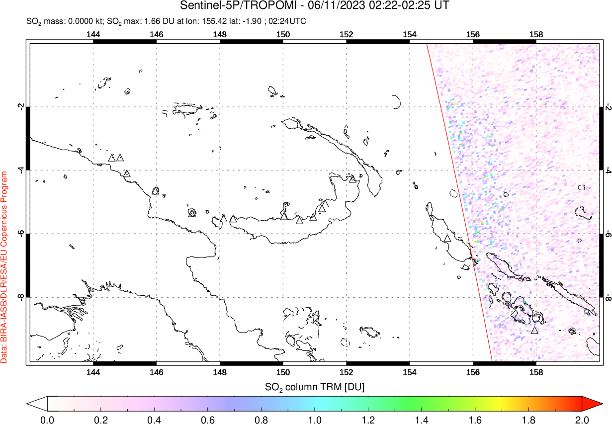 A sulfur dioxide image over Papua, New Guinea on Jun 11, 2023.