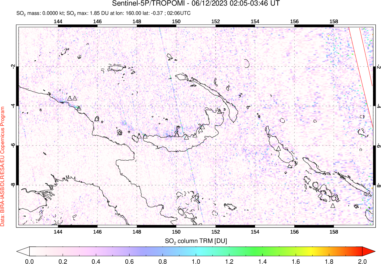 A sulfur dioxide image over Papua, New Guinea on Jun 12, 2023.
