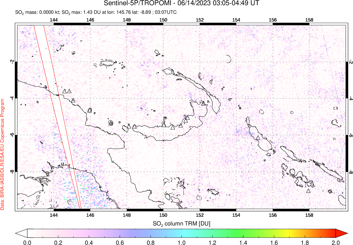 A sulfur dioxide image over Papua, New Guinea on Jun 14, 2023.