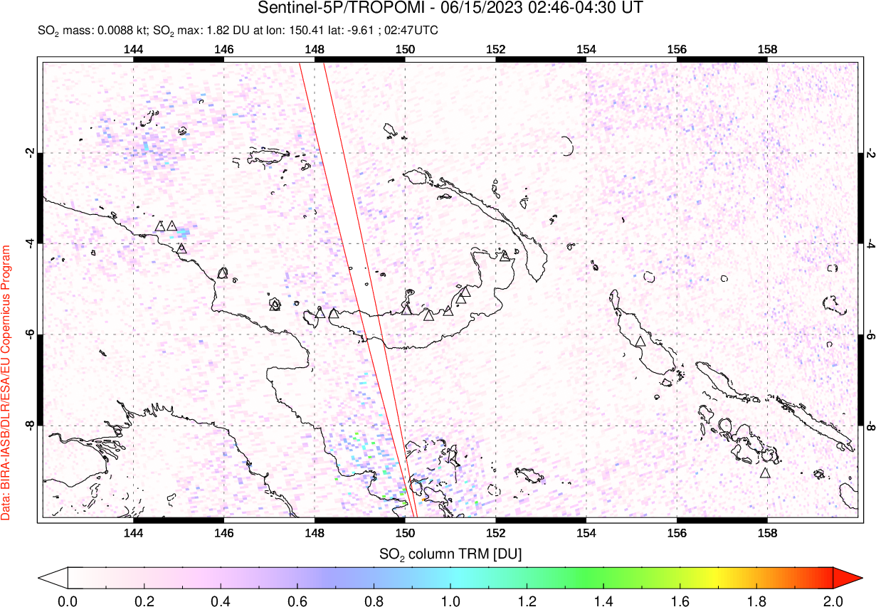 A sulfur dioxide image over Papua, New Guinea on Jun 15, 2023.