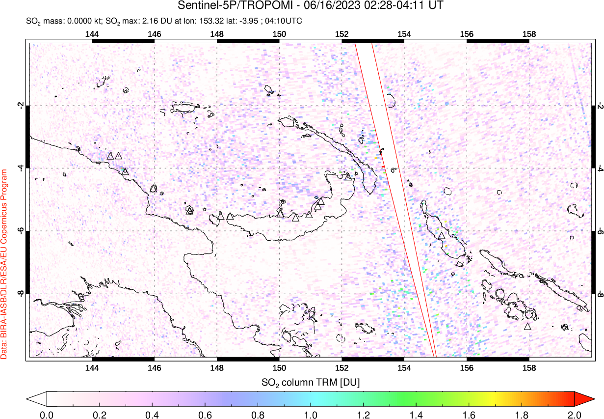 A sulfur dioxide image over Papua, New Guinea on Jun 16, 2023.