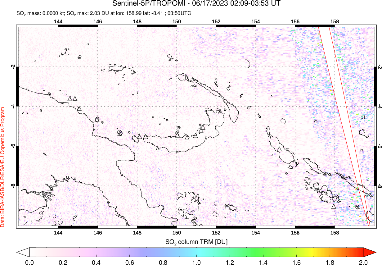 A sulfur dioxide image over Papua, New Guinea on Jun 17, 2023.
