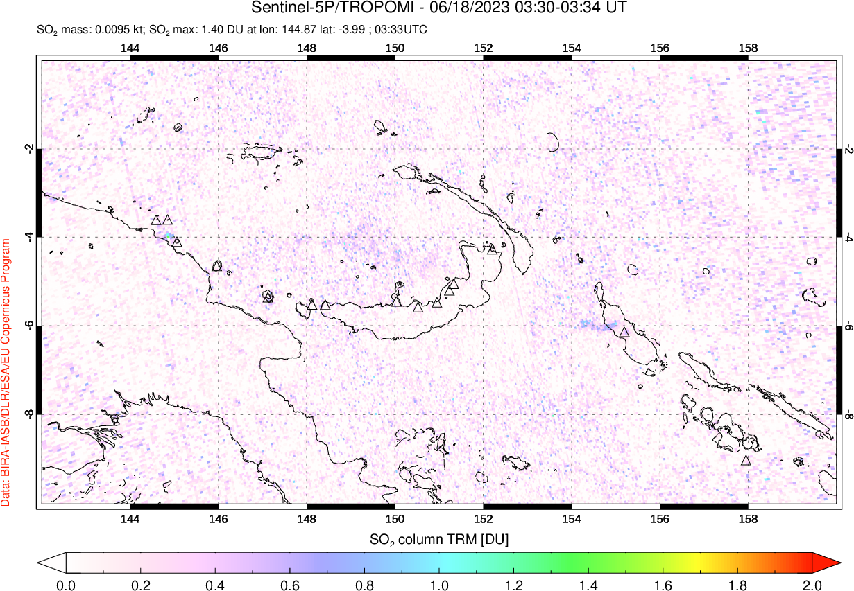 A sulfur dioxide image over Papua, New Guinea on Jun 18, 2023.