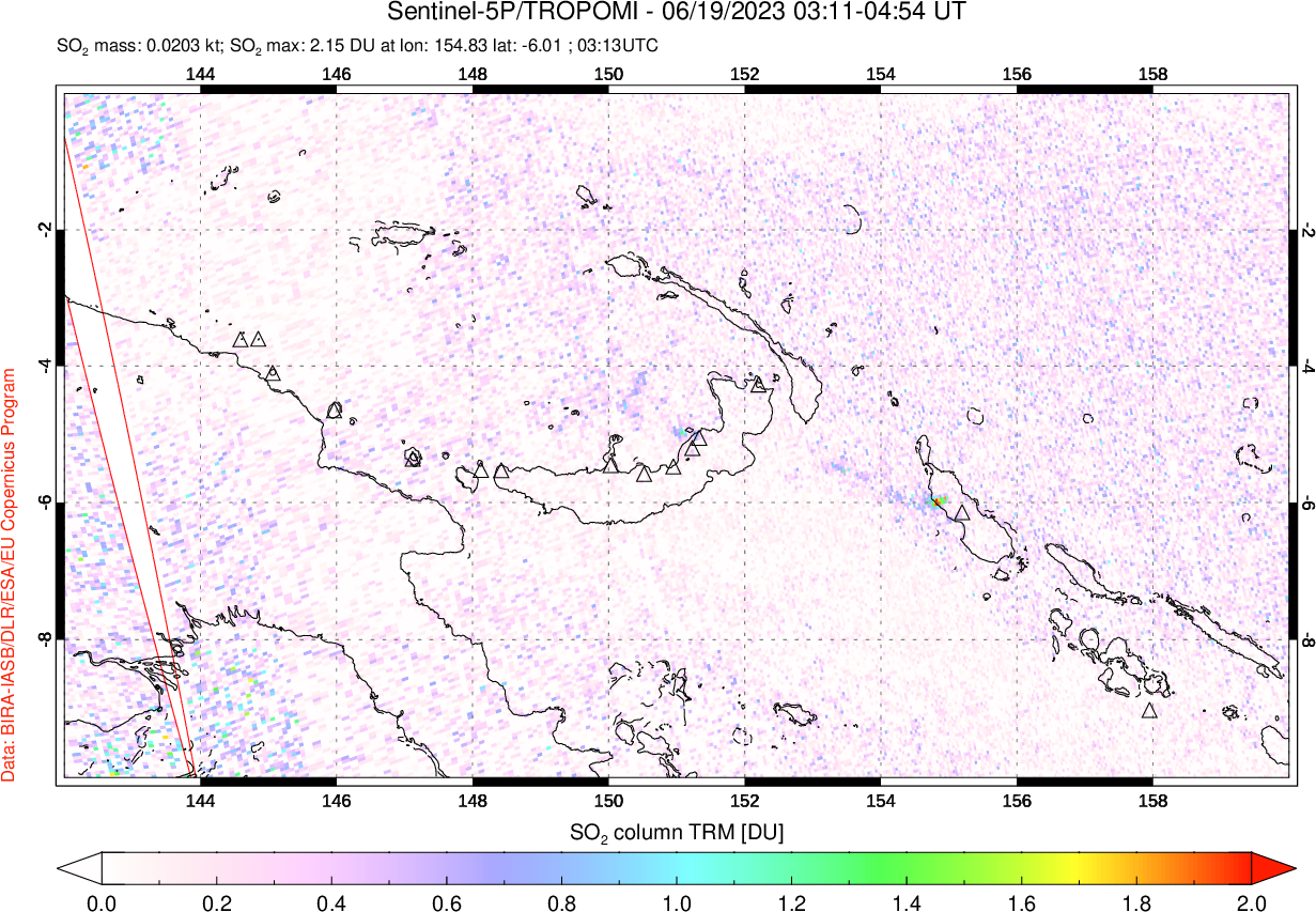 A sulfur dioxide image over Papua, New Guinea on Jun 19, 2023.