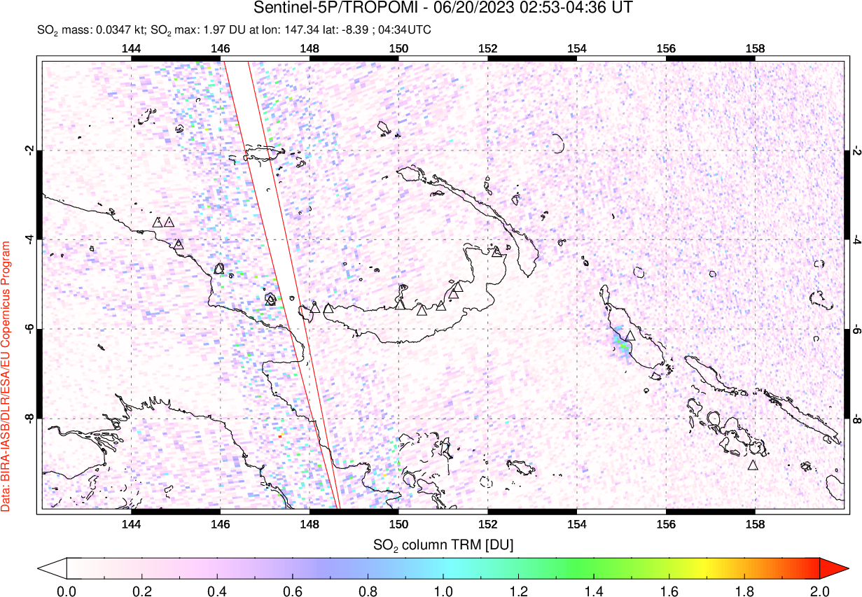 A sulfur dioxide image over Papua, New Guinea on Jun 20, 2023.
