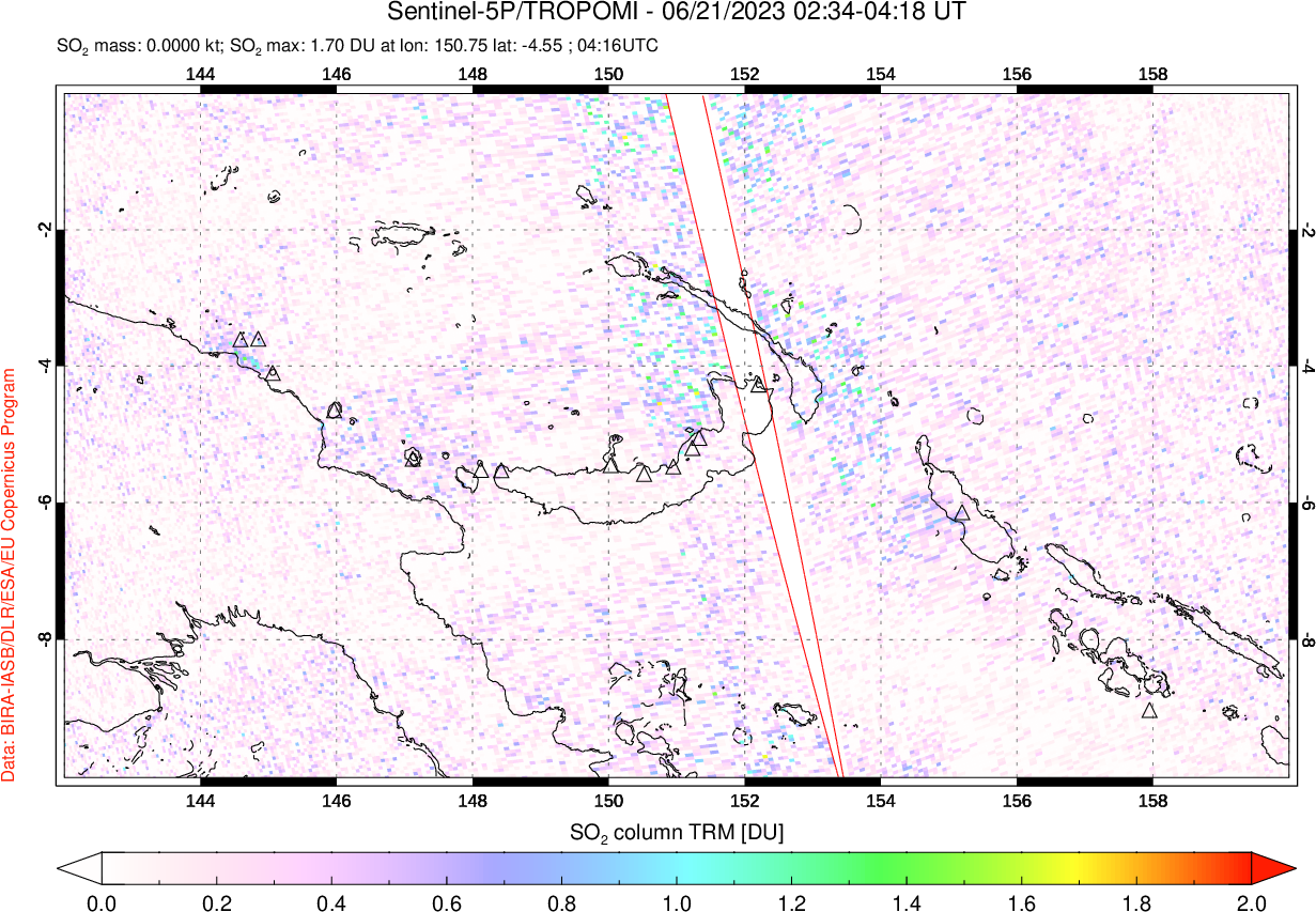A sulfur dioxide image over Papua, New Guinea on Jun 21, 2023.