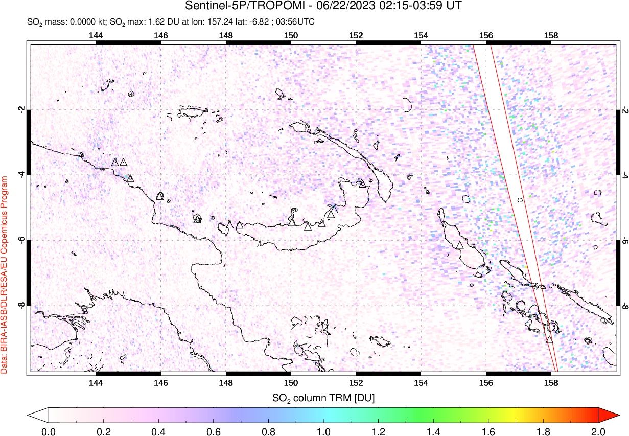 A sulfur dioxide image over Papua, New Guinea on Jun 22, 2023.