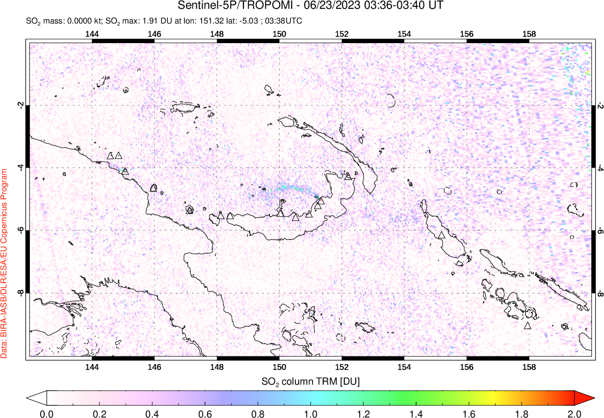 A sulfur dioxide image over Papua, New Guinea on Jun 23, 2023.