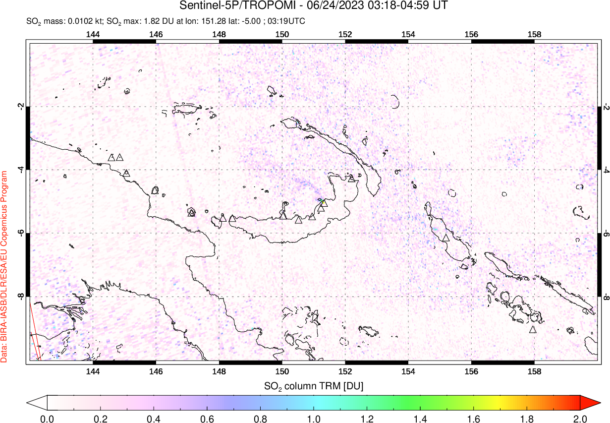 A sulfur dioxide image over Papua, New Guinea on Jun 24, 2023.