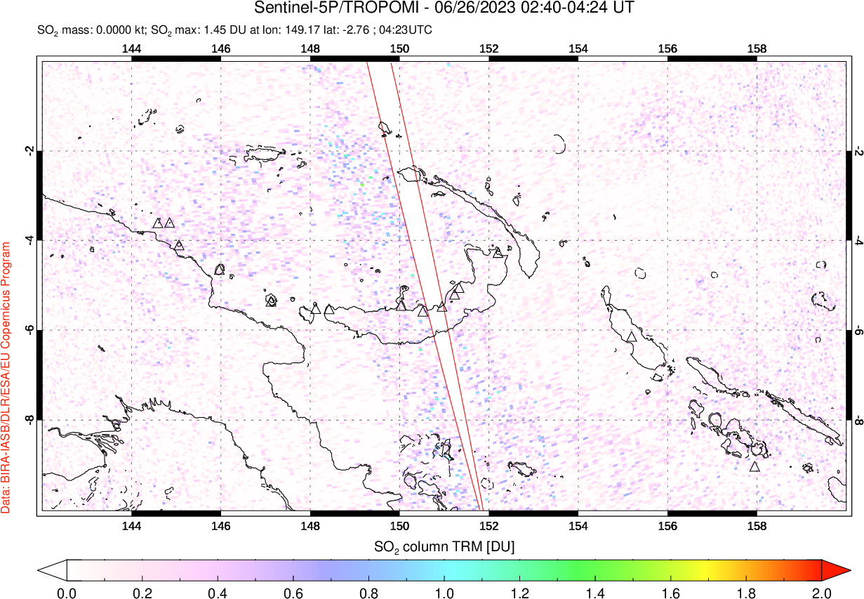A sulfur dioxide image over Papua, New Guinea on Jun 26, 2023.