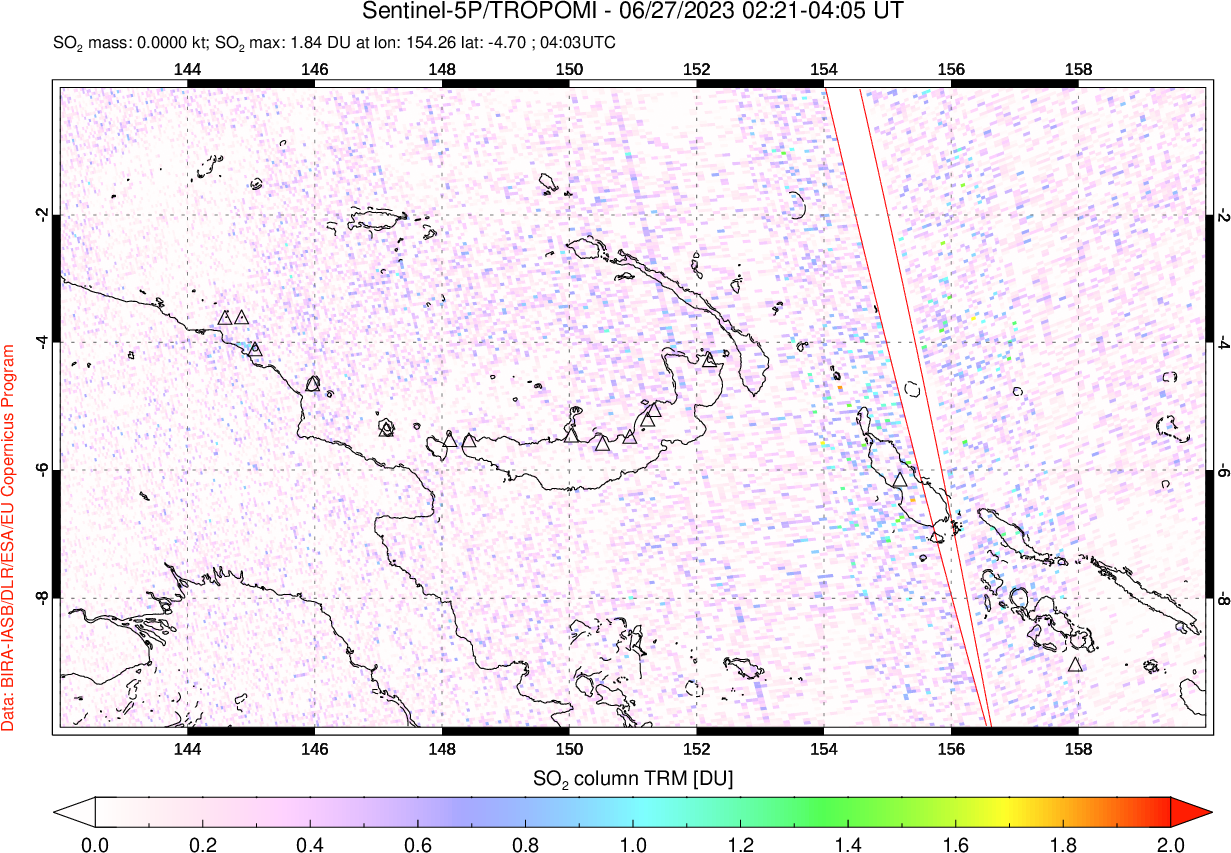 A sulfur dioxide image over Papua, New Guinea on Jun 27, 2023.
