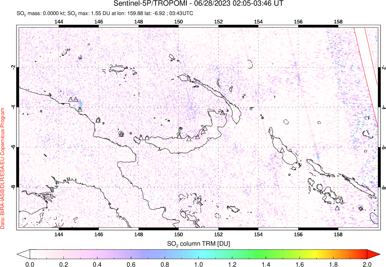 A sulfur dioxide image over Papua, New Guinea on Jun 28, 2023.