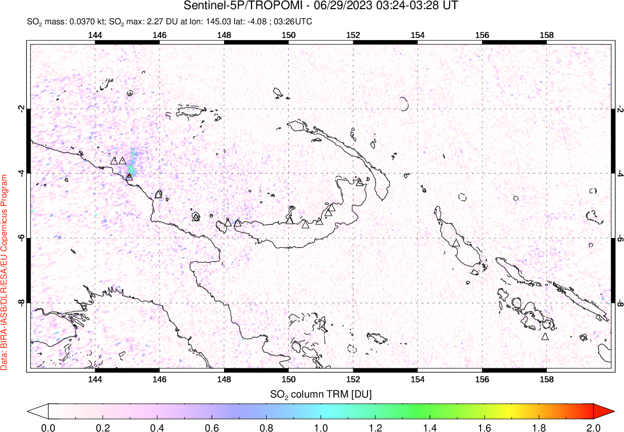 A sulfur dioxide image over Papua, New Guinea on Jun 29, 2023.