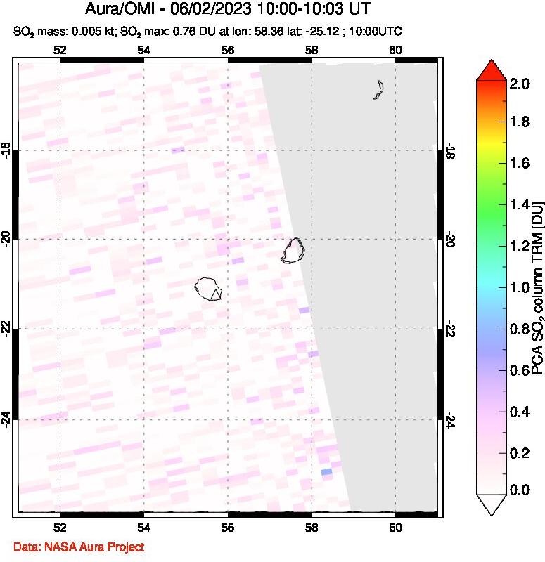 A sulfur dioxide image over Reunion Island, Indian Ocean on Jun 02, 2023.