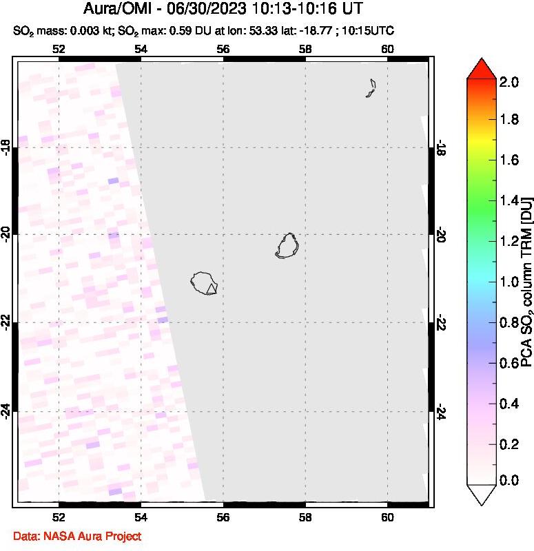A sulfur dioxide image over Reunion Island, Indian Ocean on Jun 30, 2023.