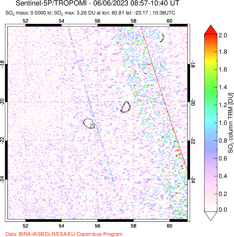 A sulfur dioxide image over Reunion Island, Indian Ocean on Jun 06, 2023.