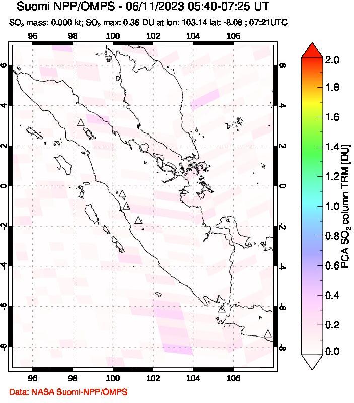 A sulfur dioxide image over Sumatra, Indonesia on Jun 11, 2023.