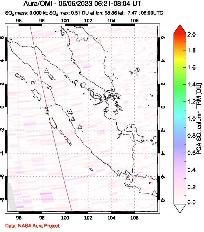A sulfur dioxide image over Sumatra, Indonesia on Jun 06, 2023.