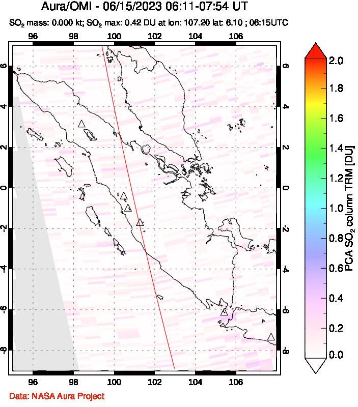 A sulfur dioxide image over Sumatra, Indonesia on Jun 15, 2023.