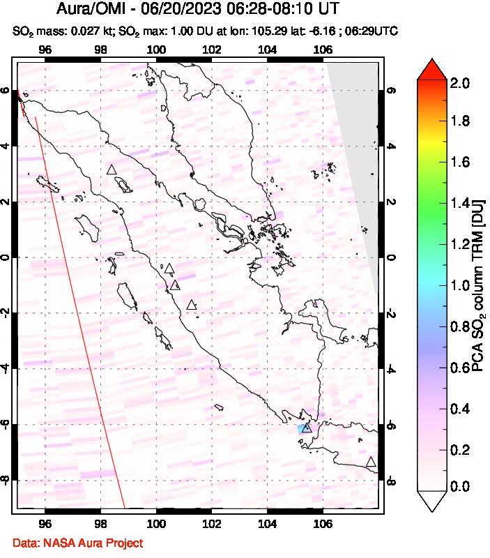A sulfur dioxide image over Sumatra, Indonesia on Jun 20, 2023.