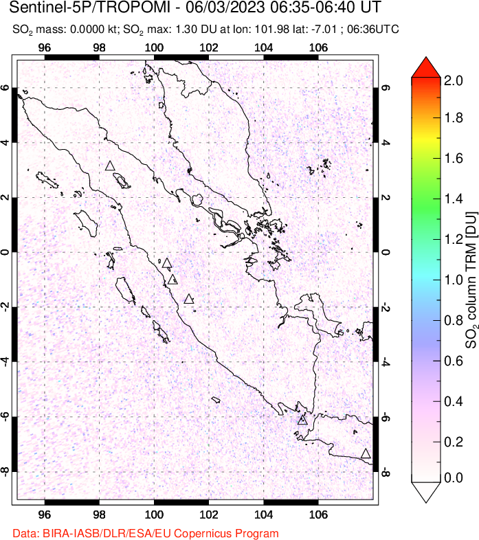 A sulfur dioxide image over Sumatra, Indonesia on Jun 03, 2023.