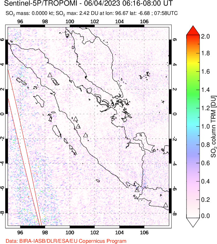 A sulfur dioxide image over Sumatra, Indonesia on Jun 04, 2023.