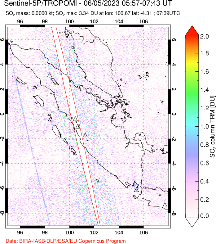 A sulfur dioxide image over Sumatra, Indonesia on Jun 05, 2023.